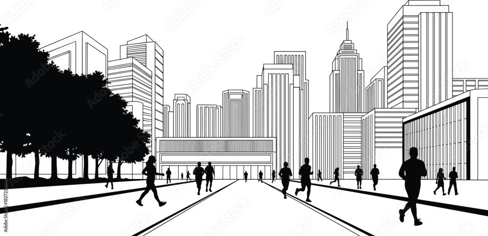 Obraz premium Urban city skyline with jogging people silhouettes, modern vector illustration, healthy lifestyle and fitness concept, black and white sketch.