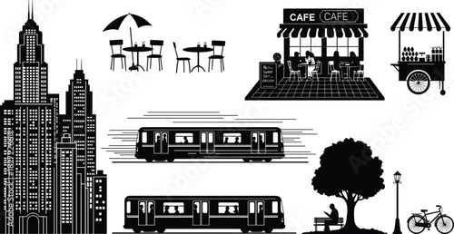 Urban city life silhouette vector set, skyscrapers, cafe, subway train, street food cart, park bench, bicycle, public transport, town illustration