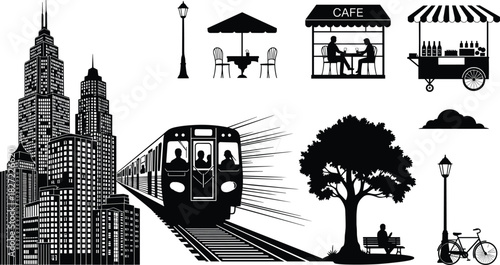 Urban city silhouette vector set featuring skyscrapers, moving subway train, outdoor cafe scene, street food cart, park bench, tree, and bicycle.