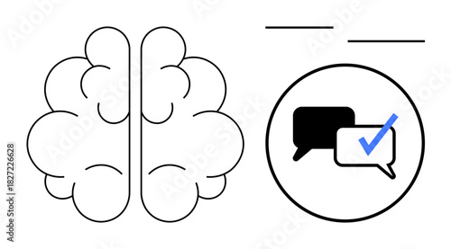 Brain sketch and speech bubbles in a circle with a validation checkmark. Ideal for communication, problem-solving, decision-making, brainstorming, mental health, teamwork, education. Simple flat