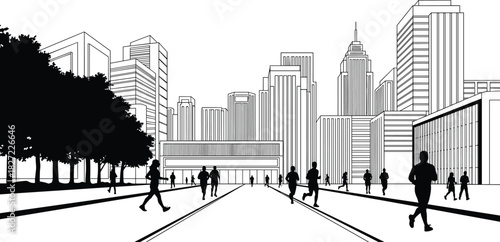 Urban city skyline with jogging people silhouettes, modern vector illustration, healthy lifestyle and fitness concept, black and white sketch.