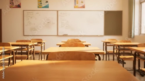 Empty classroom with rows of wooden desks and chairs, a whiteboard in the background