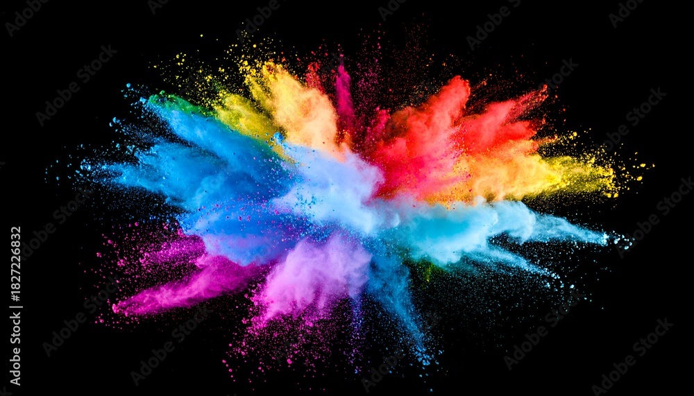 Naklejka premium A vibrant explosion of colored powder against a stark black background