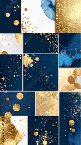Abstract gold and blue alcohol ink texture background set.