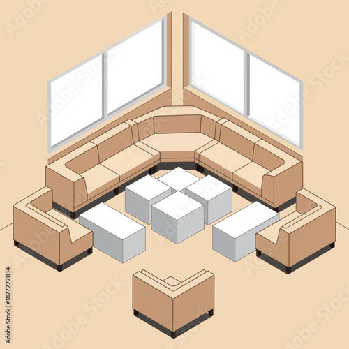 Isometric View of a Modern Living Room with Sectional Sofa and Coffee Tables.