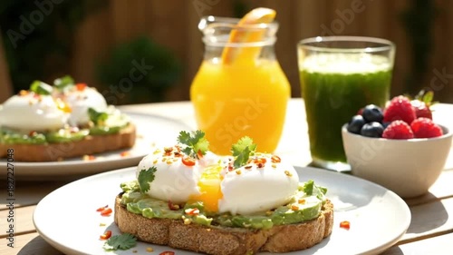 Sunny outdoor breakfast with avocado toast, poached eggs, fresh juices, and berries