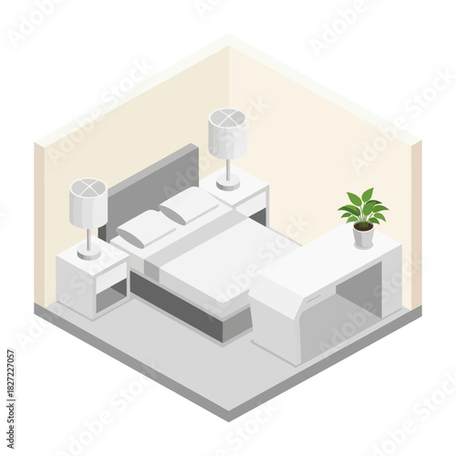 Isometric bedroom interior design with bed and bedside tables with lamps.