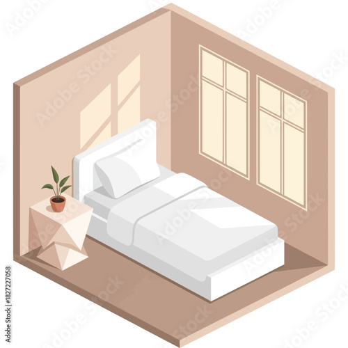 Isometric bedroom interior design with modern furniture and plant.