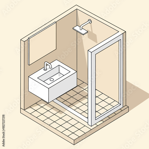 Isometric Bathroom Illustration with Sink and Shower Stall.
