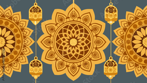 Illustration of golden floral mandalas and hanging lanterns on a blue gray background artfully arranged