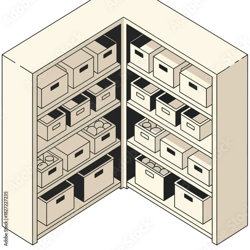 Isometric illustration of a corner shelving unit filled with storage boxes.