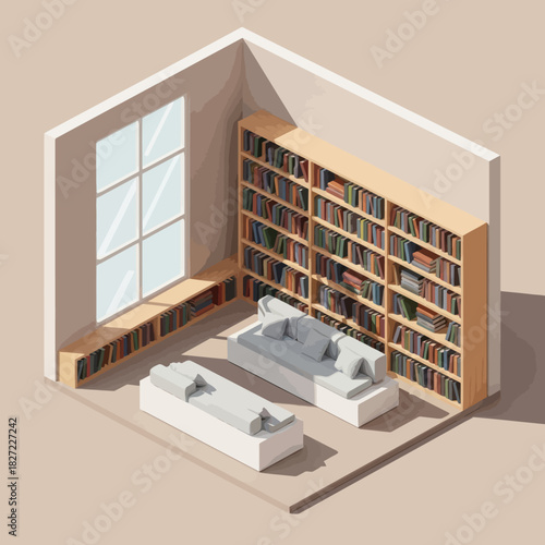 Cozy reading room with bookshelves and comfortable seating arrangement, perfect for relaxation.