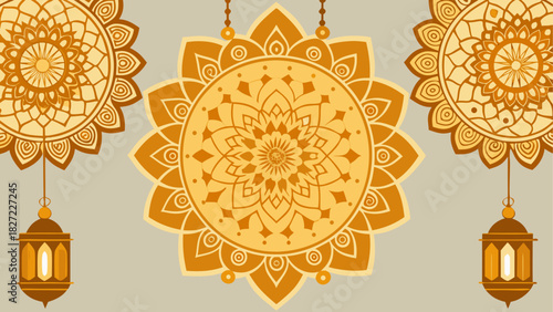 Three hanging golden floral mandala designs with matching lanterns on a light background design element