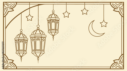 Elegant eid mubarak design featuring hanging lanterns stars and crescent moon in a decorative frame