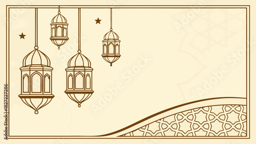 Illustration of hanging lanterns with stars and geometric pattern on a light background design element