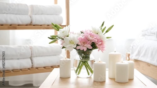 Serene spa scene with fresh flowers, lit candles, and soft white towels