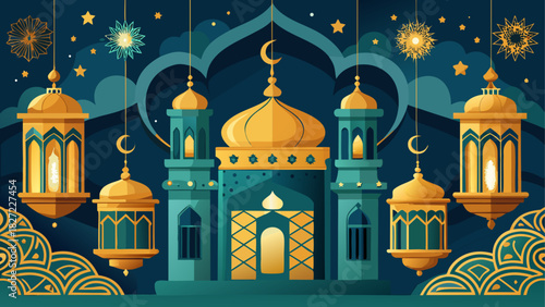 Illustration of a mosque with lanterns and crescent moons against a starry night background scene