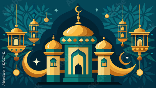 Illustration of a teal and gold mosque with crescent moons and hanging lanterns on a dark teal background