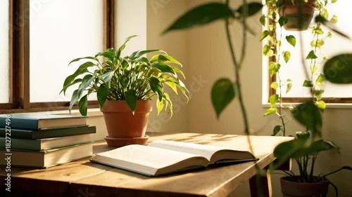 A cozy desk scene features an open book, stacked books, and green potted plants by a sunny window.