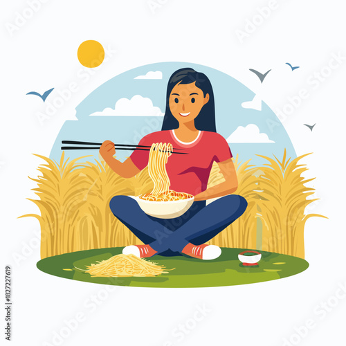 Woman with noodles sitting in a field.