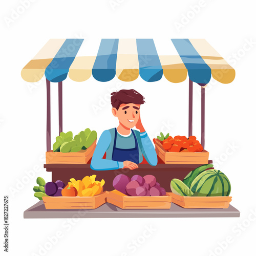 Friendly Market Vendor At Fruit Stall Illustration.