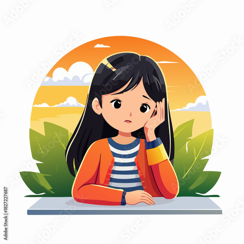 Thoughtful young girl with long hair at desk.