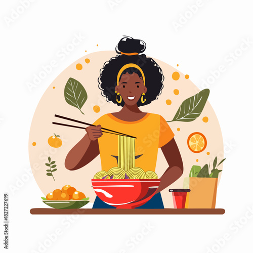 Young woman cooking noodles with chopsticks at kitchen.