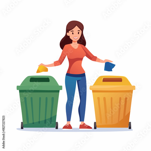 Woman Sorts Trash Into Recycling Bins.
