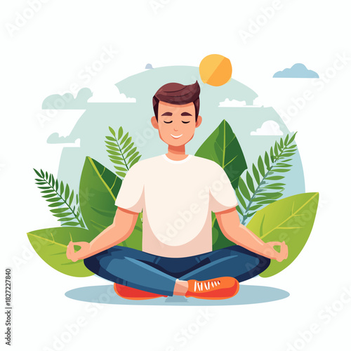 Serene Person Meditating in Lotus Pose Amid Greenery.