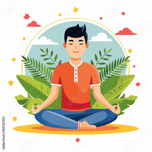 Meditating young man in lotus position outdoors.
