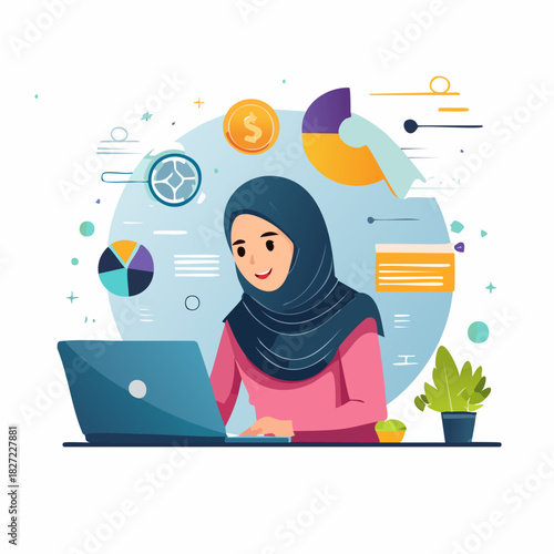 Female student wearing hijab working on laptop.