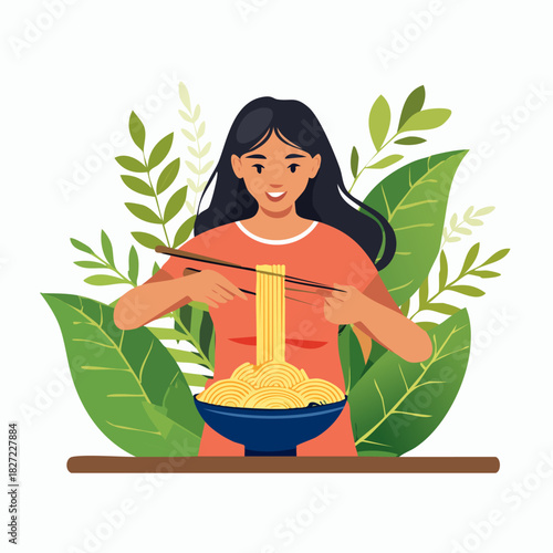 Woman Cooking Noodles in Pot with Steam.