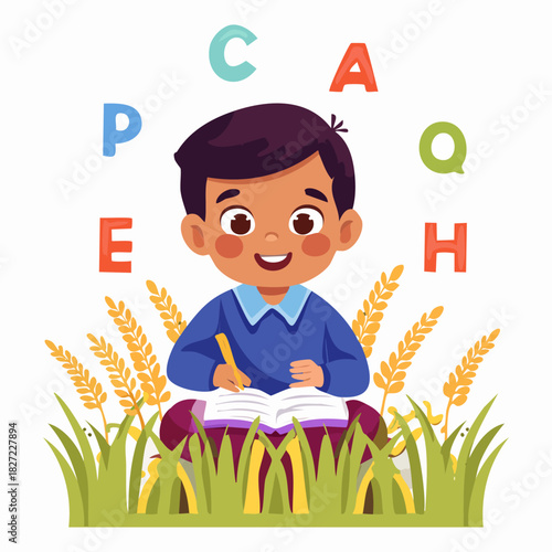 Young Child Reading a Book Surrounded by Grains.