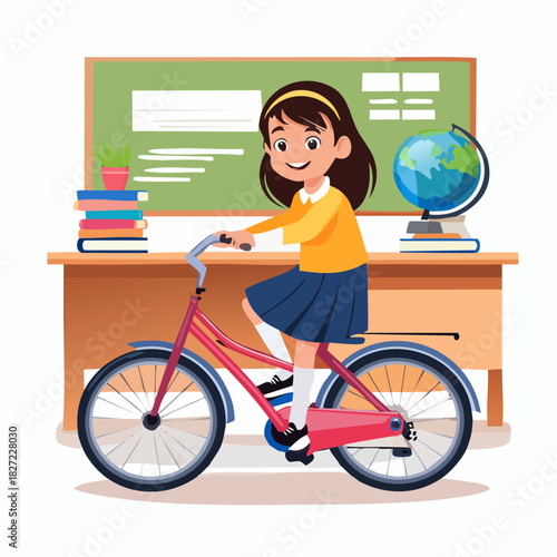 young girl riding a bicycle in school classroom.