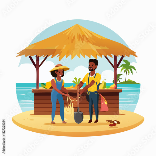 Two Beach Vendors at Tropical Island Market Exchange Goods.