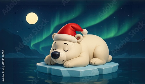Christmas Polar Bear Wearing a Santa Hat sleeps on an Iceberg Under the Northern Lights