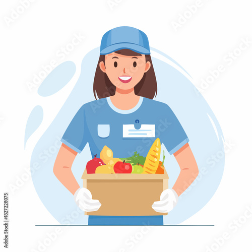 Cartoon Delivery Worker Holding Grocery Box.