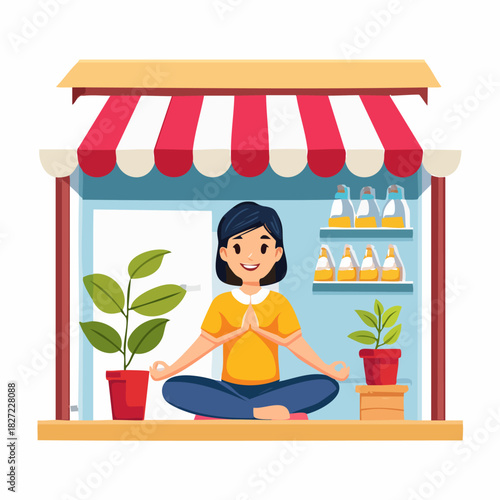 Meditating person in a market stall illustration.