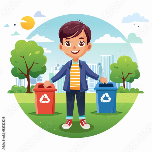 Young Boy Standing by Recycling Bins Outdoors.