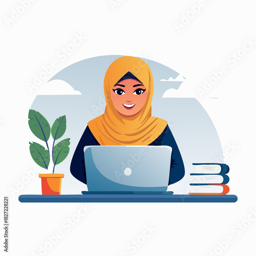 Young woman student at laptop desk.