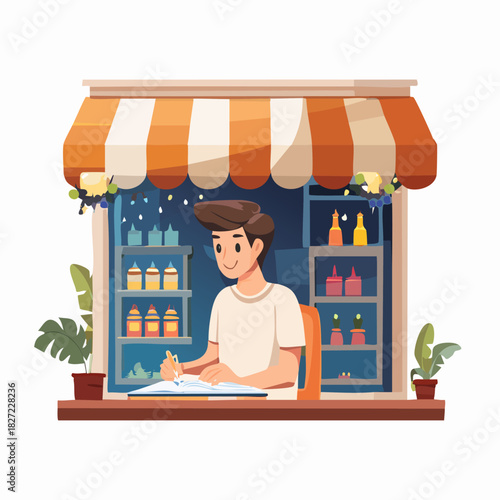 Shopkeeper Standing Behind Market Stall With Striped Awning.