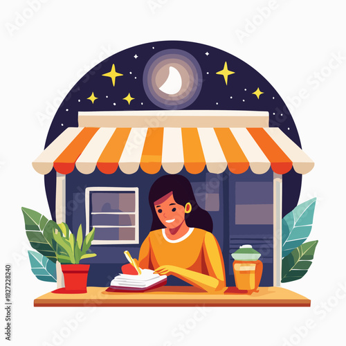 Female student studying at desk with notebook.