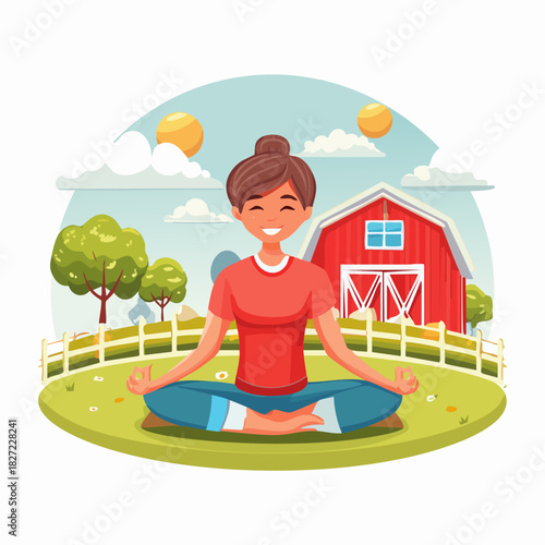 Woman Meditating Outdoors On Farm With Barn.