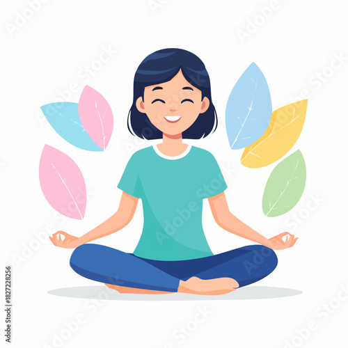 Young woman meditating in a lotus position illustration.