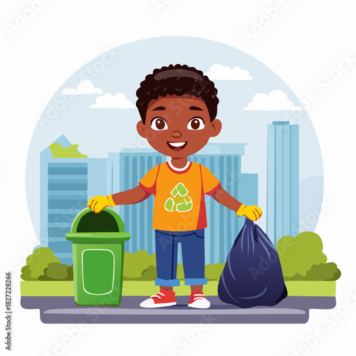 Young child cleaning up litter in urban park.