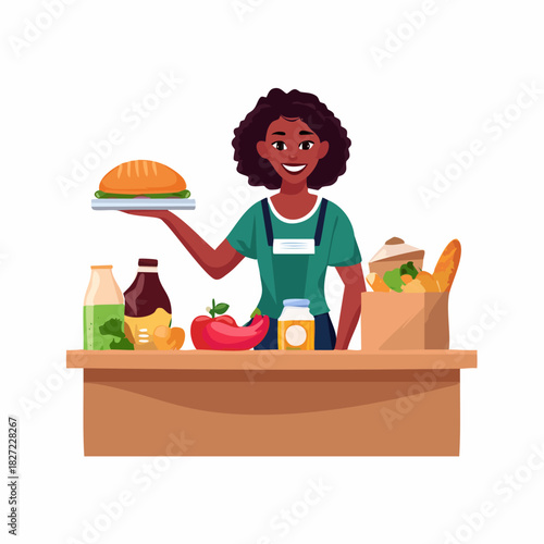 Friendly vendor serving a burger at market stall.