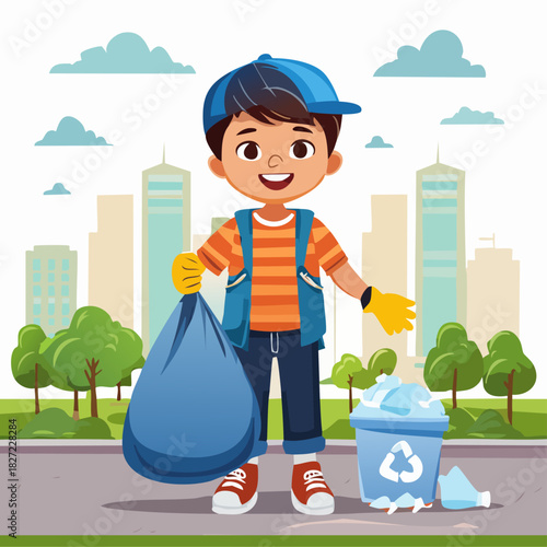 Young boy collecting litter in a park cleanup.