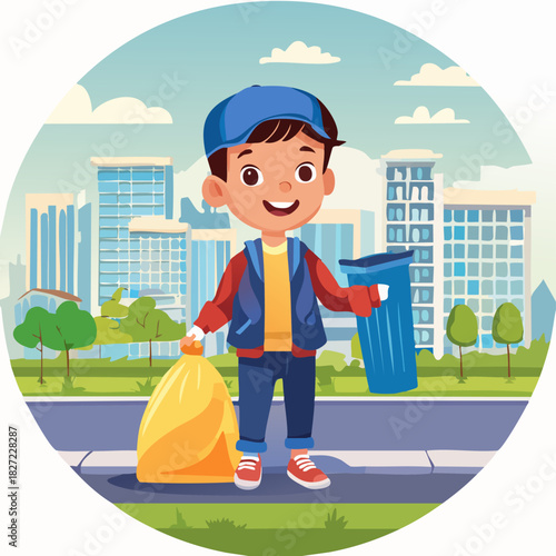 Cheerful boy collecting trash on city street.