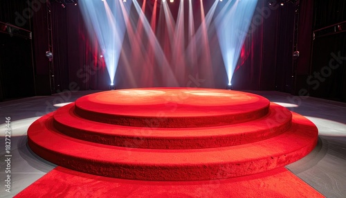 A spotlight shines on a red carpeted stage. The stage is empty, ready for a grand performance, or a special announcement
