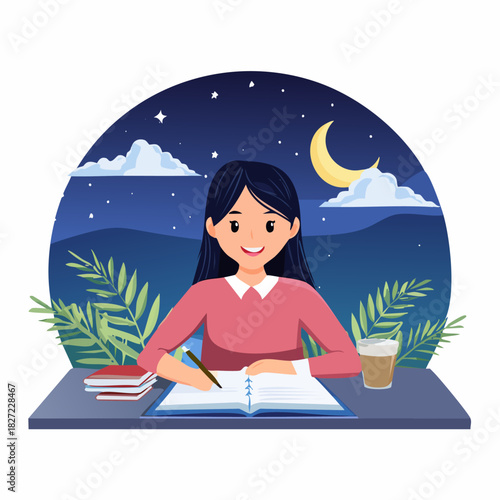 Young Student Studying At Desk At Night.